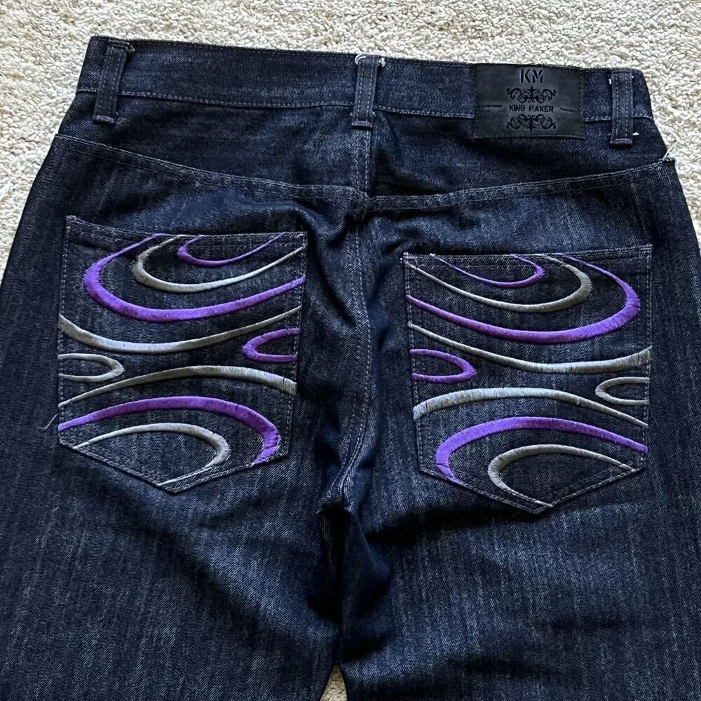 Vintage Y2K King Maker Mens 34x30 Dark Denim Jeans Embroidered Pockets Hip Hop
